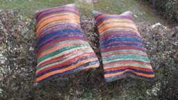 Set Of 2 Vintage Turkish Lumbar Pillows Striped Oushak Rug Pillows - 14x26 - thumbnail 1