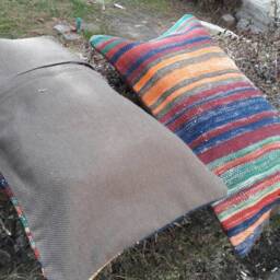 Set Of 2 Vintage Turkish Lumbar Pillows Striped Oushak Rug Pillows - 14x26 - thumbnail 2