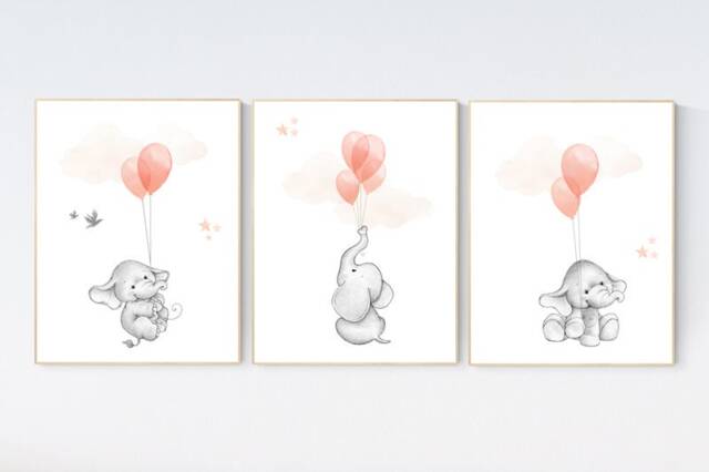 Elephant Balloon Print Coral Nursery Wall Art - image 1