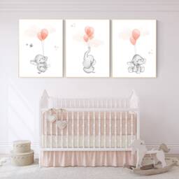 Elephant Balloon Print Coral Nursery Wall Art - thumbnail 2
