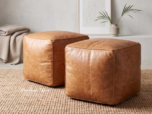 Square Leather Pouf Set Of 2 - Minimalist Cube Ottoman, Contemporary Moroccan Pouffe, Luxury Unfilled Floor Pillow - image 1
