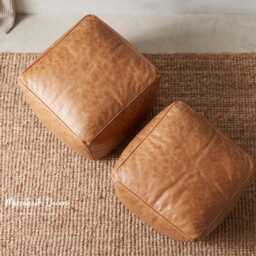 Square Leather Pouf Set Of 2 - Minimalist Cube Ottoman, Contemporary Moroccan Pouffe, Luxury Unfilled Floor Pillow - thumbnail 4