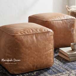 Square Leather Pouf Set Of 2 - Minimalist Cube Ottoman, Contemporary Moroccan Pouffe, Luxury Unfilled Floor Pillow - thumbnail 2