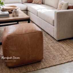 Square Leather Pouf Set Of 2 - Minimalist Cube Ottoman, Contemporary Moroccan Pouffe, Luxury Unfilled Floor Pillow - thumbnail 3