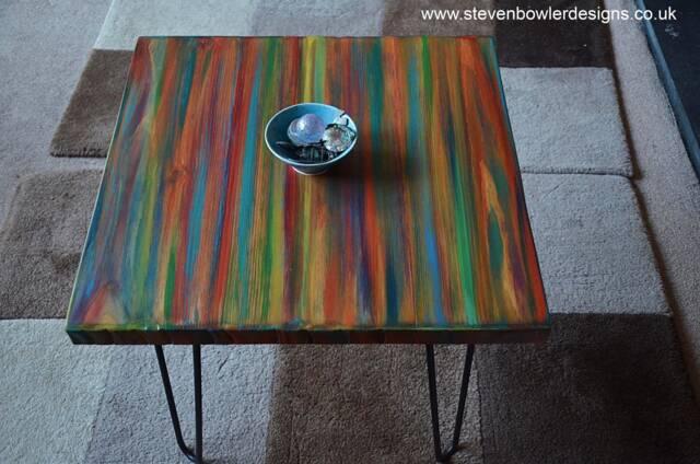 Square Wood Coffee Table Hand Painted in Unique Vibrant Tropical Sunset Colour Scheme Supplied With Black Metal Hair Pin Legs Made To Order - image 1