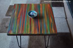 Square Wood Coffee Table Hand Painted in Unique Vibrant Tropical Sunset Colour Scheme Supplied With Black Metal Hair Pin Legs Made To Order - thumbnail 1