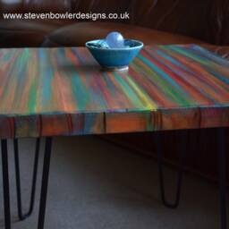 Square Wood Coffee Table Hand Painted in Unique Vibrant Tropical Sunset Colour Scheme Supplied With Black Metal Hair Pin Legs Made To Order - thumbnail 2