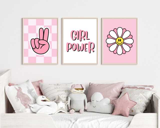 Girl Power Prints Pink Checkered Peace Sign, Smiley Flower - Set Of 3 - image 1