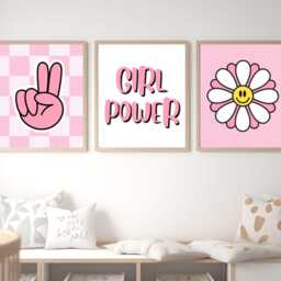 Girl Power Prints Pink Checkered Peace Sign, Smiley Flower - Set Of 3 - thumbnail 2