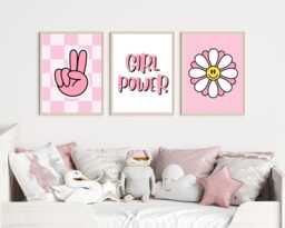 Girl Power Prints Pink Checkered Peace Sign, Smiley Flower - Set Of 3 - thumbnail 1