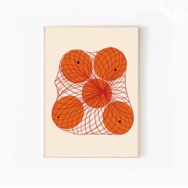 Oranges in Red Net Print - A4 Prints - A3 A2 Art Illustrated By Weezy Colourful Fruit Poster, Funky Retro Citrus Pop