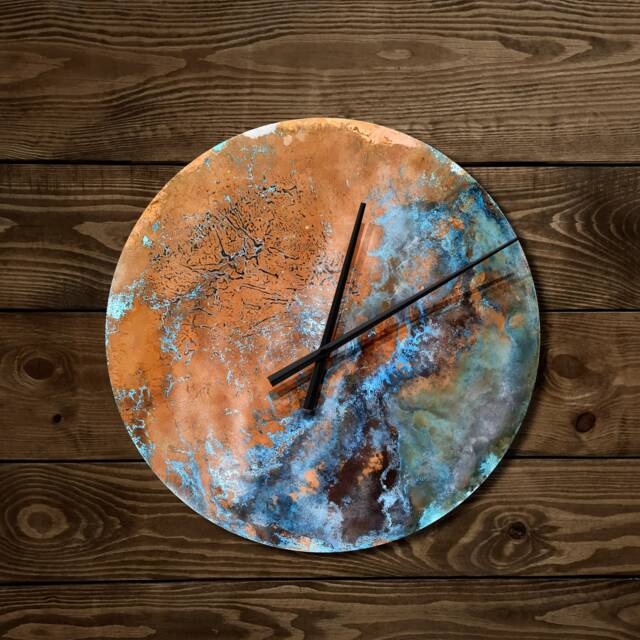 Large Wall Clock, Industrial Copper Art Copper, Round Clock Patina Blue Decor - image 1