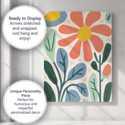 Coral Daisy Flower Botanical Garden Folk Art Design Canvas Wall Print Decor Picture Ready To Hang - thumbnail 3