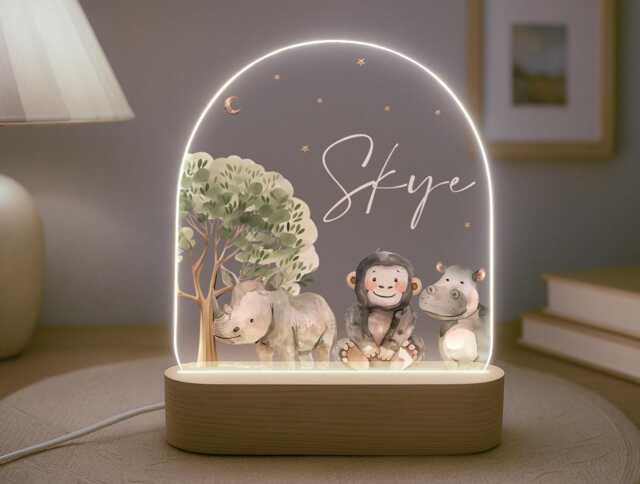 Personalised Children's Safari Night Light - Led Lamp Nursery Decor Baby Boy Girl Gift For New Name Sign Jungle Bedroom - image 1