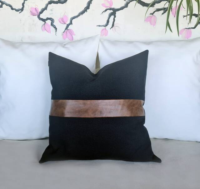 Color Block Pillow Cover - Brown Faux Leather & Linen, Modern Home Decor - image 1
