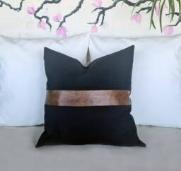 Color Block Pillow Cover - Brown Faux Leather & Linen, Modern Home Decor - thumbnail 1