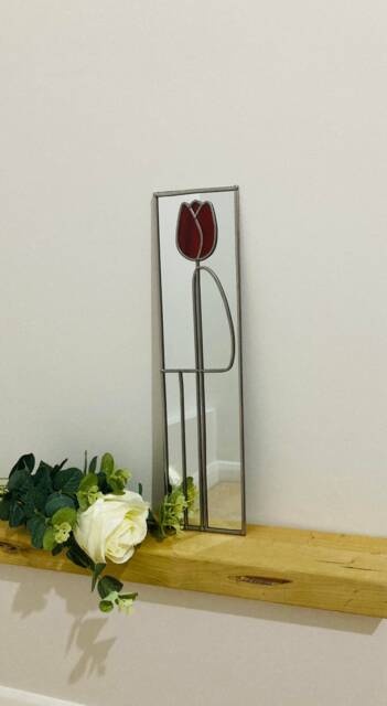 New - Tulip 10 in Red 10x40cms Design Rennie Mackintosh Style Stained Glass Effect Mirror Handmade Gift Wall Catfish Glass Art Nouveau - image 1