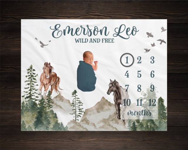 Horse Milestone Blanket Personalized Monthly Growth Tracker Custom Baby Shower Gift Newborn Nursery Decor Bm28 - image 1