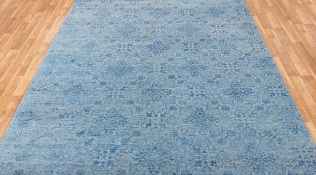 Area Rug 9x12 Grey Blue Handmade Wool Silk Transitional Oriental Carpet #801 Free Shipping - image 1