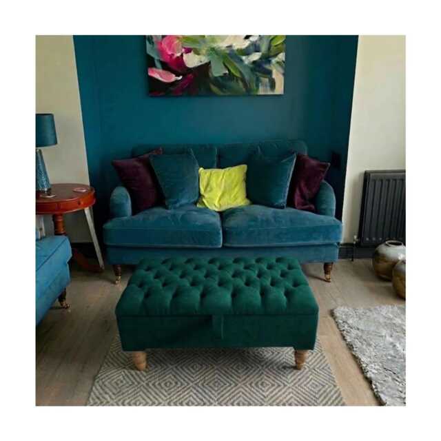 Plush Velvet Ottoman Box With Natural Gloss Wooden Legs Chesterfield Coffee Table, Footstool, Seating - image 1