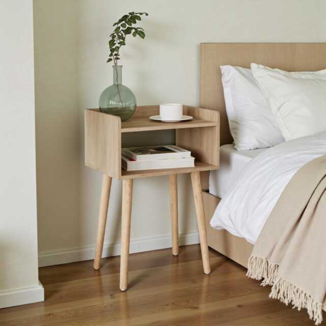 Modern Wooden Bedside Table With Pinewood Legs - 2 Shelf Storage Unit - image 1