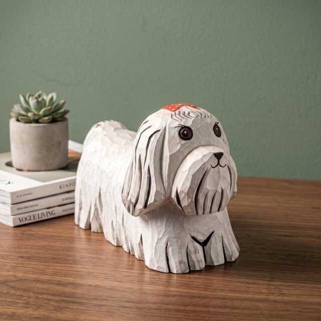 Whimsical Hand-Carved Wooden Dog Figurine White Maltese Shih Tzu Statue Rustic Pet Decor Unique Lover Gift Handmade Animal Art - image 1