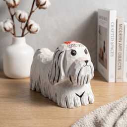 Whimsical Hand-Carved Wooden Dog Figurine White Maltese Shih Tzu Statue Rustic Pet Decor Unique Lover Gift Handmade Animal Art - thumbnail 4