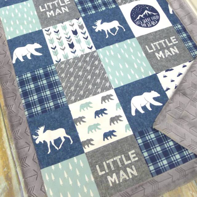 Personalized Minky Baby Blanket - Woodland Animal Boy Navy Bedding Little Man Nursery - image 1