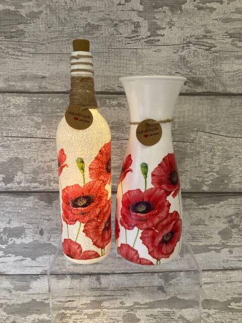 Poppy Vase & Light Up Bottle Set, Gifts, Decoupaged, Poppy Flowers, Gifts For Her - image 1