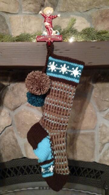 Hand Knit Christmas Stocking Earth Brown Sky Blue Stripes Snowflakes Santa's Works - image 1