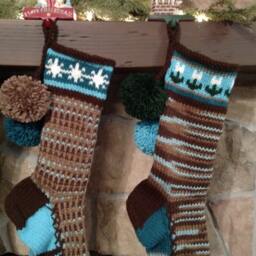Hand Knit Christmas Stocking Earth Brown Sky Blue Stripes Snowflakes Santa's Works - thumbnail 2