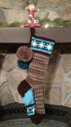 Hand Knit Christmas Stocking Earth Brown Sky Blue Stripes Snowflakes Santa's Works - thumbnail 1