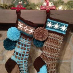 Hand Knit Christmas Stocking Earth Brown Sky Blue Stripes Snowflakes Santa's Works - thumbnail 3