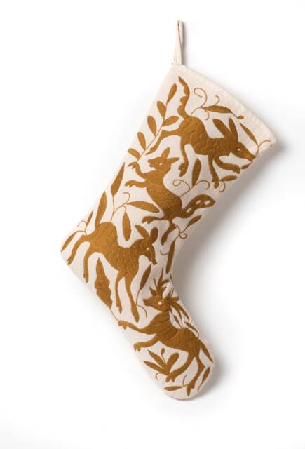 Otomi Embroidered Christmas Stocking Gold Mexican Holiday Decor - image 1