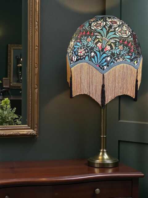 Handmade William Morris Floral Fabric Dome Lampshade Slate Blue Braid, Gold Fringe, Black Tassels, Made in The UK - image 1
