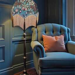 Handmade William Morris Floral Fabric Dome Lampshade Slate Blue Braid, Gold Fringe, Black Tassels, Made in The UK - thumbnail 2