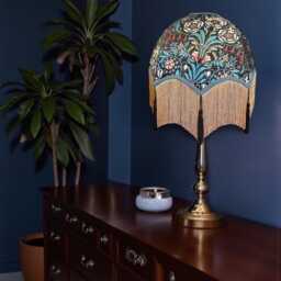 Handmade William Morris Floral Fabric Dome Lampshade Slate Blue Braid, Gold Fringe, Black Tassels, Made in The UK - thumbnail 3