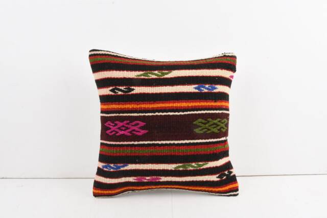 Handwoven Turkish Kilim Pillow Cover Wool Rug Cushion - 16x16 - image 1