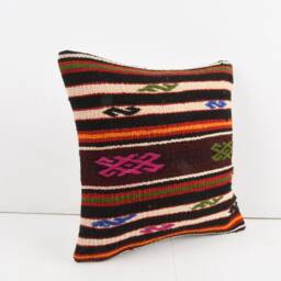 Handwoven Turkish Kilim Pillow Cover Wool Rug Cushion - 16x16 - thumbnail 2