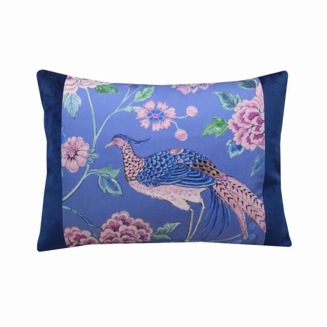 Peacock Lumbar Cushion Sanderson Blue Floral Velvet Pillow Cover 14x18 - image 1
