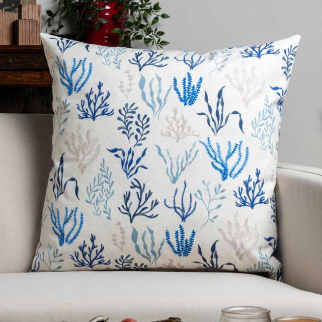 Sea Coral Extra-Large Cushion. Hand Illustrated Seaweed Print in Marine Blue & White. 100% Cotton Cloth. 23X23 - image 1