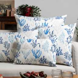Sea Coral Extra-Large Cushion. Hand Illustrated Seaweed Print in Marine Blue & White. 100% Cotton Cloth. 23X23 - thumbnail 2