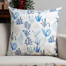 Sea Coral Extra-Large Cushion. Hand Illustrated Seaweed Print in Marine Blue & White. 100% Cotton Cloth. 23X23 - thumbnail 1