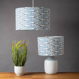 Seaside Sardine Lampshade. Bright Indigo Blue & White Geometric Fish Print Design, Cylinder Style Shade. 30cm & 40cm Sizes Available - thumbnail 1