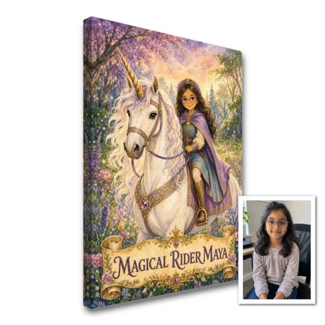 Personalised Unicorn Rider Canvas From Photo, Custom Text Fairytale Wall Art, Magical Birthday Gift For Girl Daughter Bedroom Decor - image 1