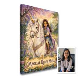 Personalised Unicorn Rider Canvas From Photo, Custom Text Fairytale Wall Art, Magical Birthday Gift For Girl Daughter Bedroom Decor - thumbnail 1