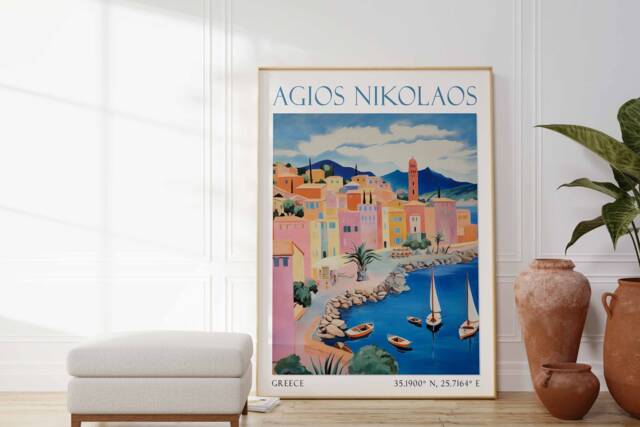 Agios Nikolaos Travel Poster Print Greece Art Gift Wall - image 1