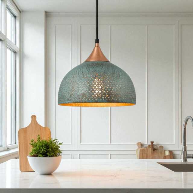 Handmade Blue Patina Brass Dome Pendant Light Perforated Rustic Hanging Lamp - image 1