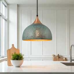 Handmade Blue Patina Brass Dome Pendant Light Perforated Rustic Hanging Lamp - thumbnail 1