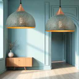 Handmade Blue Patina Brass Dome Pendant Light Perforated Rustic Hanging Lamp - thumbnail 4